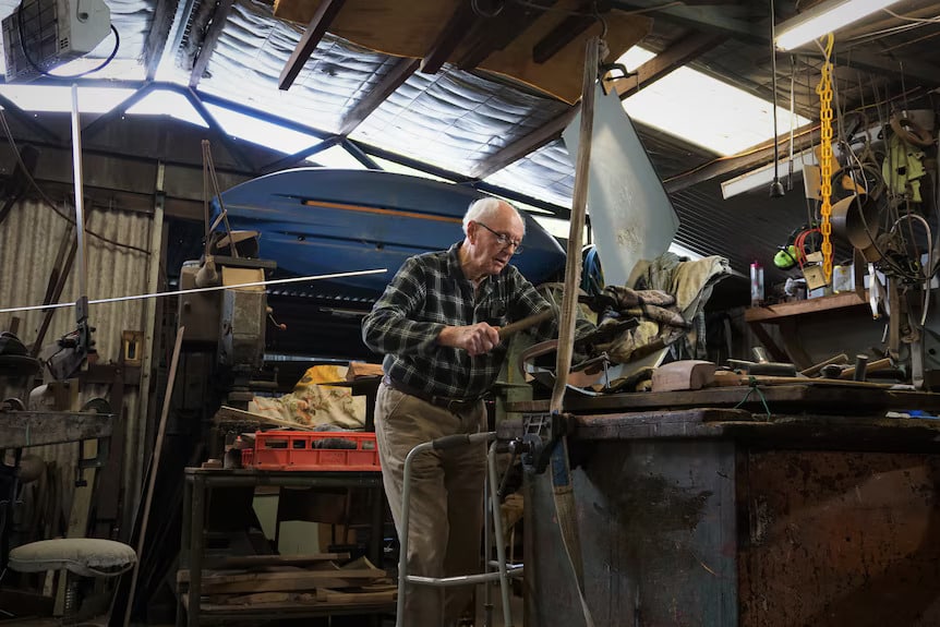 Cliff Byfield in his element working in his shed Source ABC News Grace Burmas